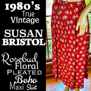 ▪️VTG▪️SUSAN BRISTOL▪️1980's Red Rosebud Floral Pleated Boho Maxi Skirt